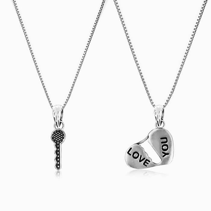 Oxidised Silver Heart Key Couple Pendant With Box Chain : AVPD058