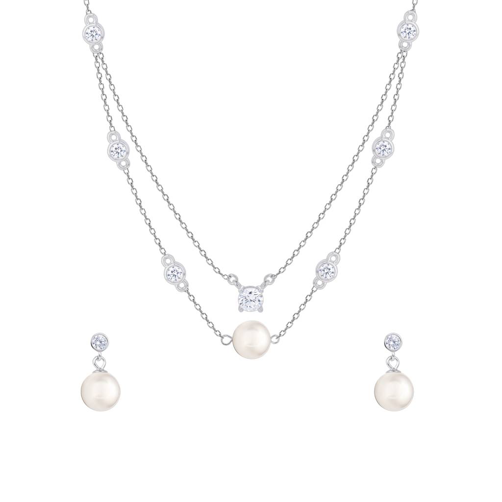 Double Layer Pearl Necklace Set In Silver Color : AWNS129