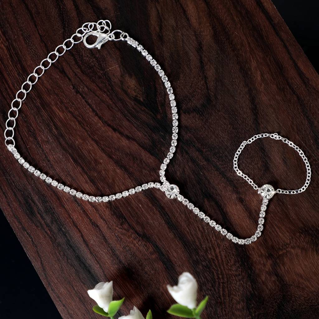 Silver Plated Haathphool Rhinestone Ring Bracelet, Pack Of 1, Stylish Jewellery For Wedding : AYW0221B004