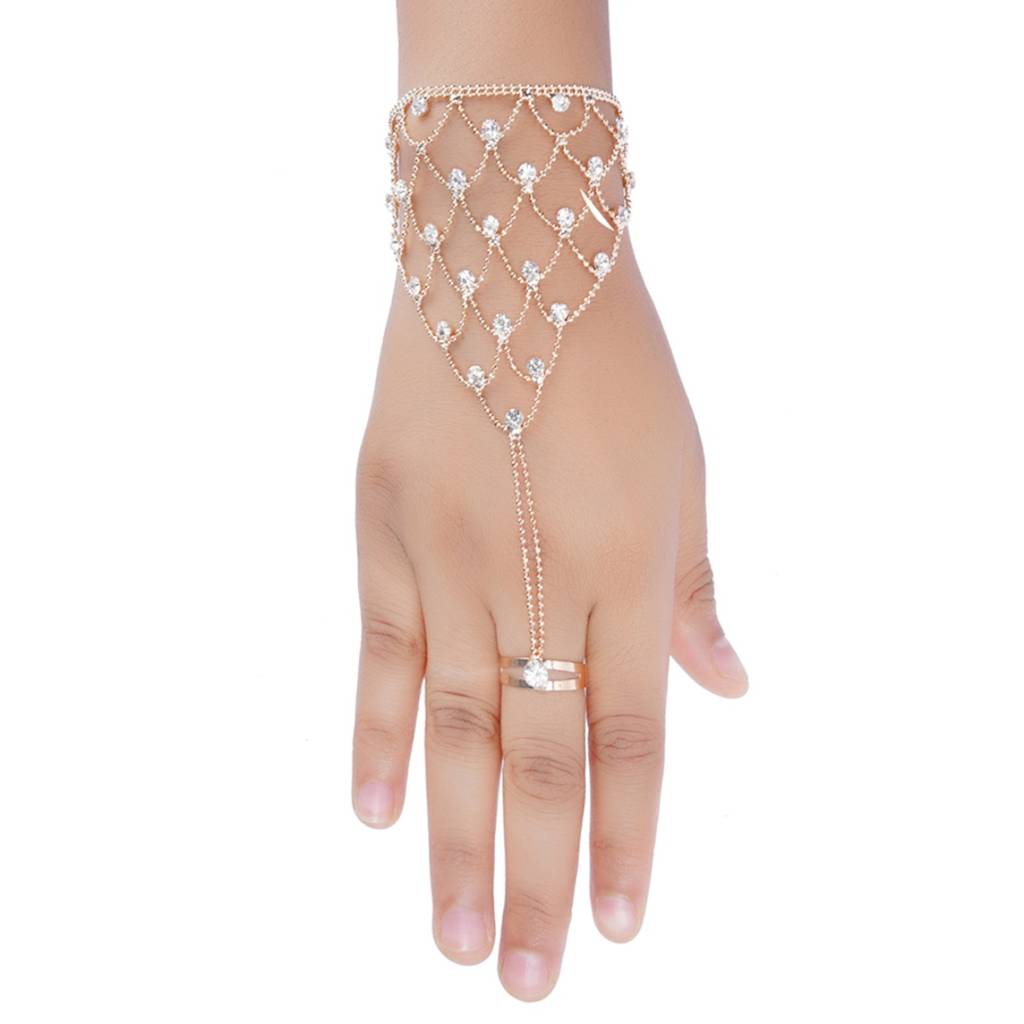 Gold Plated Haathphool Rhinestone Ring Bracelet, Pack Of 1, Stylish Jewellery For Wedding : AYW517B001