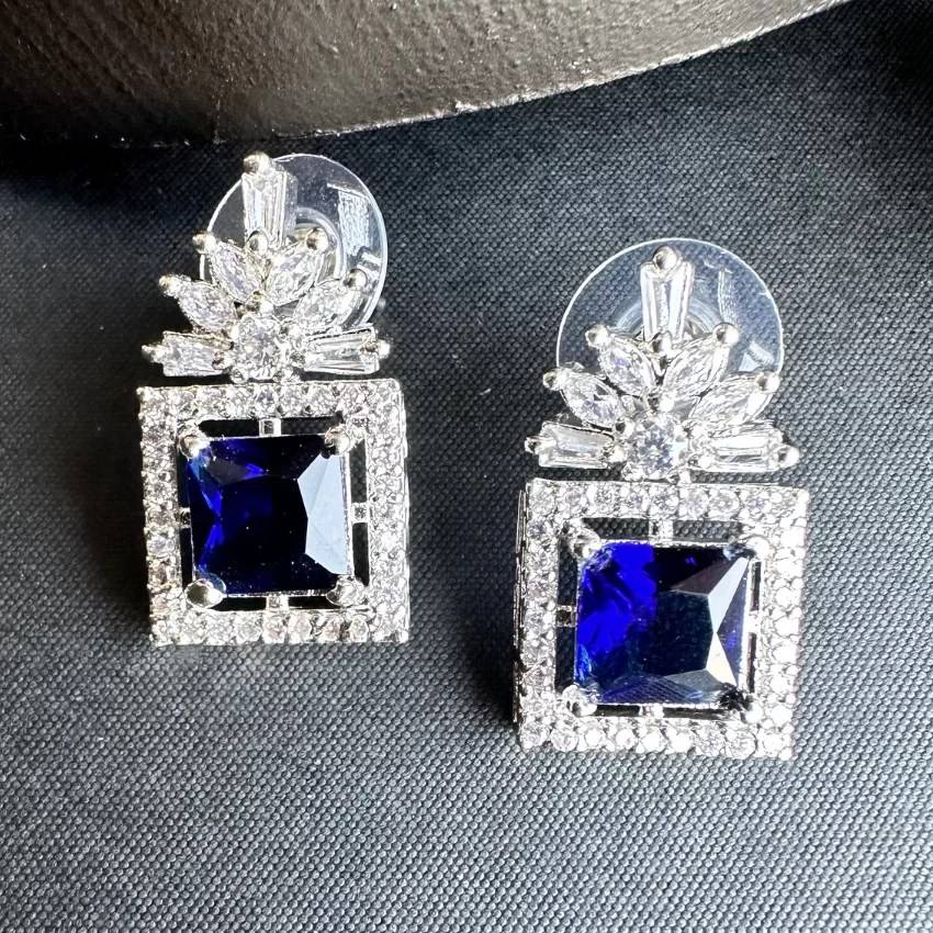 Box Style Sapphire Stoned American Diamond Stud Earrings