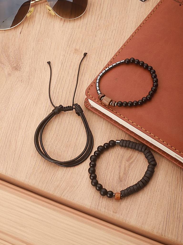 Men Set Of 3 Beaded Elasticated Bracelet-Aatmanabr47 : AatmanaBR47
