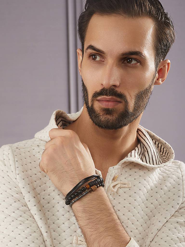 Men Set Of 3 Beaded Elasticated Bracelet-Aatmanabr47 : AatmanaBR47