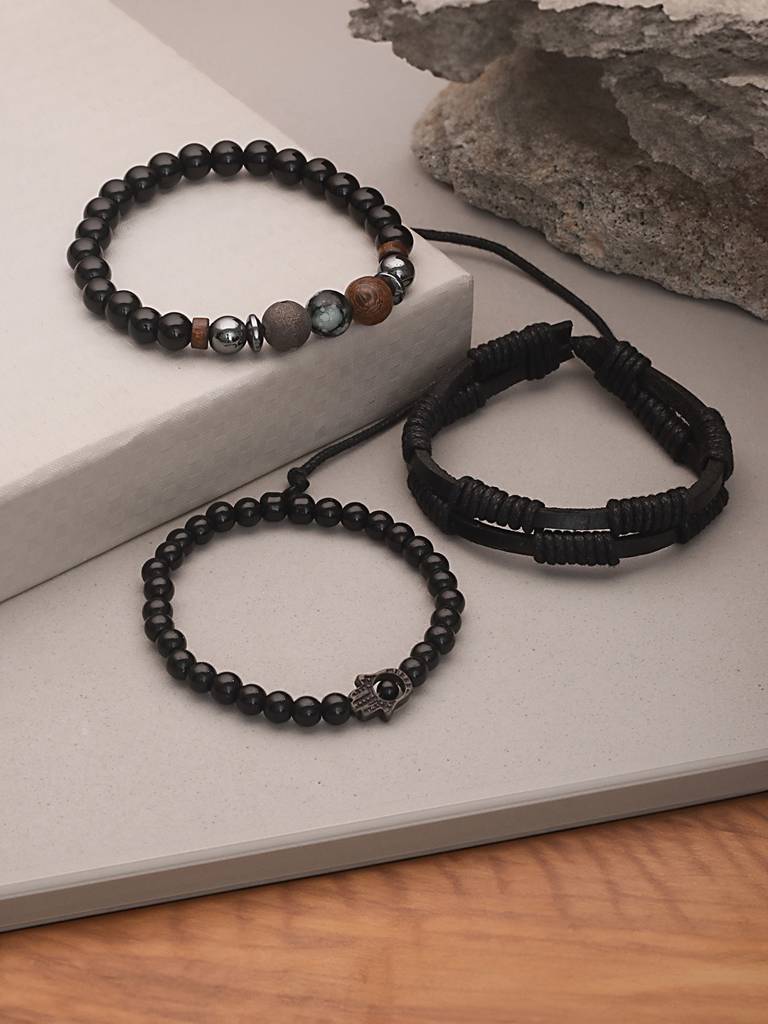 Men Set Of 3 Beaded Brass Elasticated Bracelet : AatmanaBR49