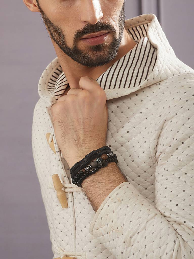 Men Set Of 3 Beaded Brass Elasticated Bracelet : AatmanaBR49