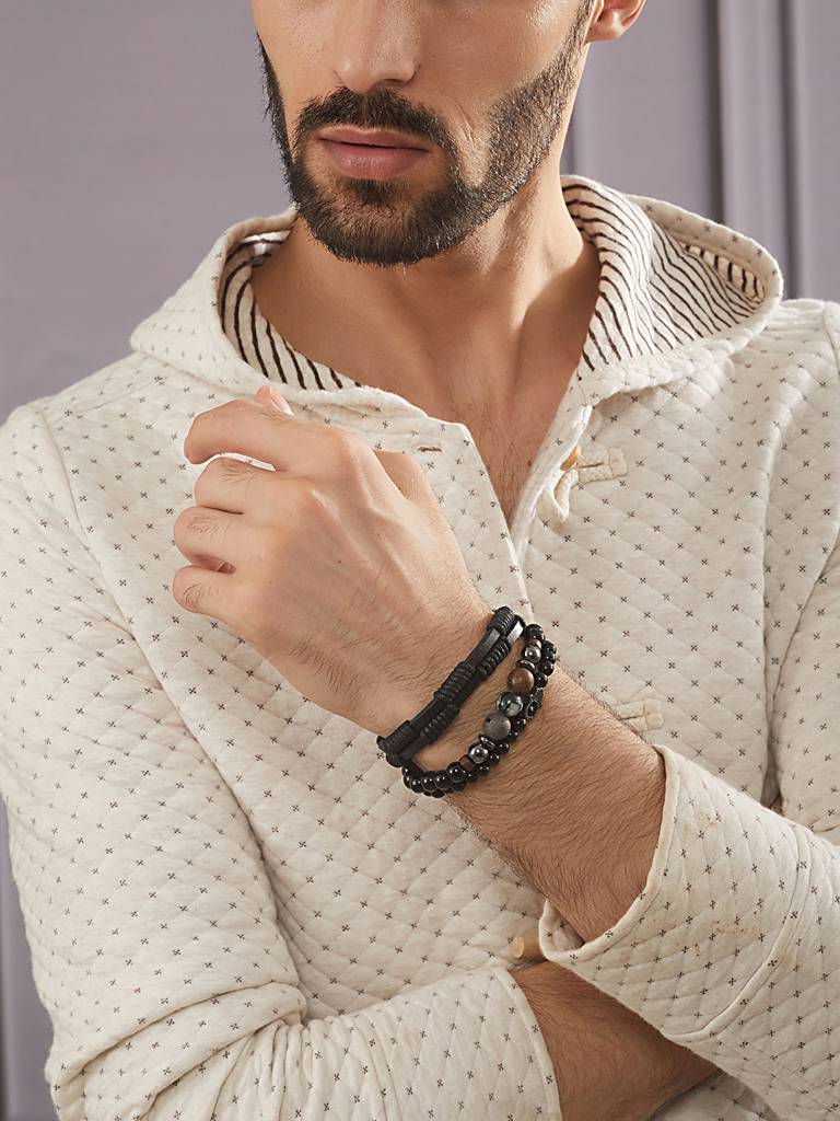 Men Set Of 3 Beaded Brass Elasticated Bracelet : AatmanaBR49