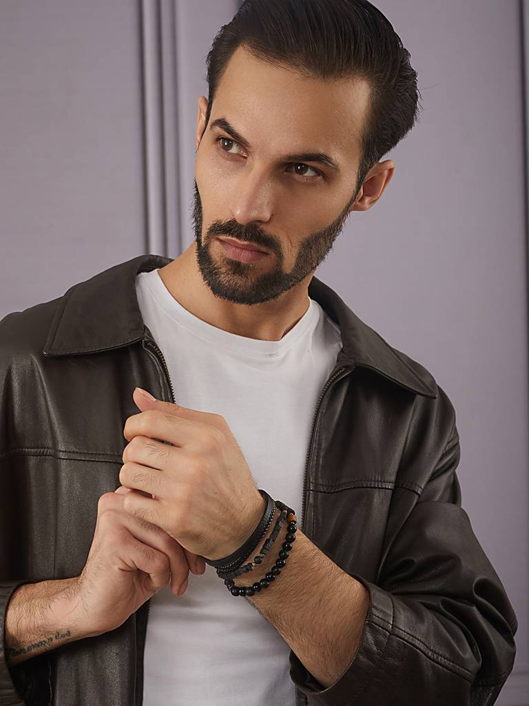 Men Set Of 3 Brass Beaded Wraparound Bracelet-Aatmanabr50 : AatmanaBR50