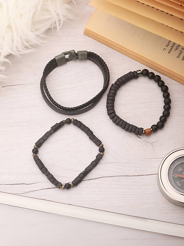 Men Set Of 3 Brass Beaded Wraparound Bracelet-Aatmanabr50 : AatmanaBR50