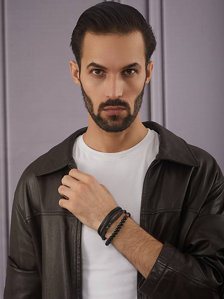 Men Set Of 3 Brass Beaded Wraparound Bracelet-Aatmanabr50 : AatmanaBR50