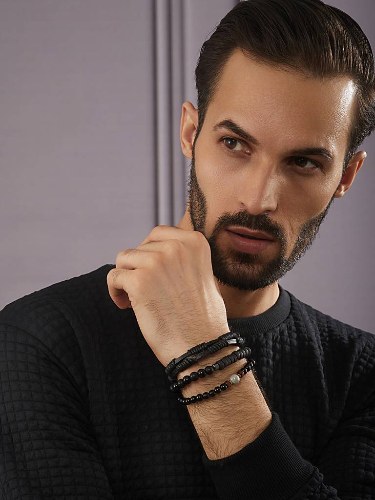 Men Set Of 3 Brass Beaded Elasticated Bracelet-Aatmanabr52 : AatmanaBR52
