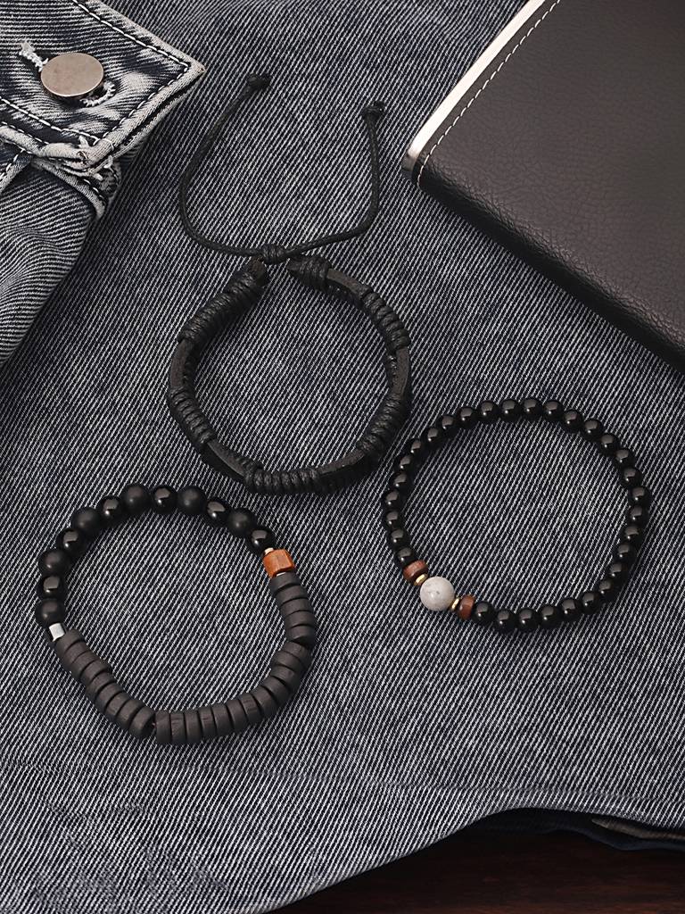 Men Set Of 3 Brass Beaded Elasticated Bracelet-Aatmanabr52 : AatmanaBR52