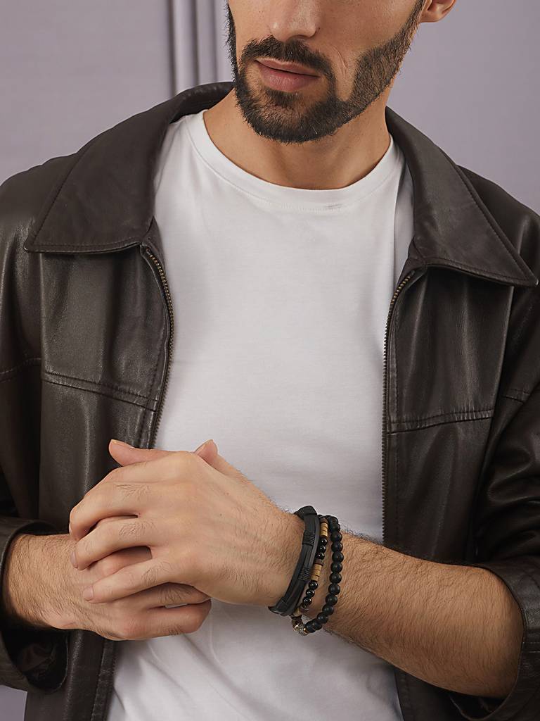 Men Set Of 3 Beaded Elasticated Bracelet-Aatmanabr59 : AatmanaBR59