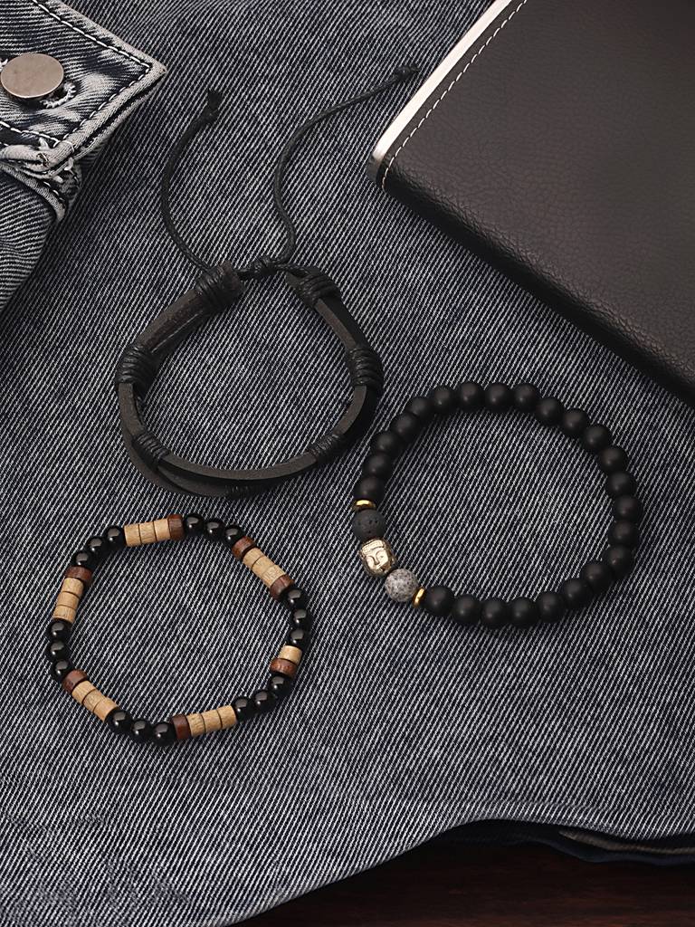 Men Set Of 3 Beaded Elasticated Bracelet-Aatmanabr59 : AatmanaBR59