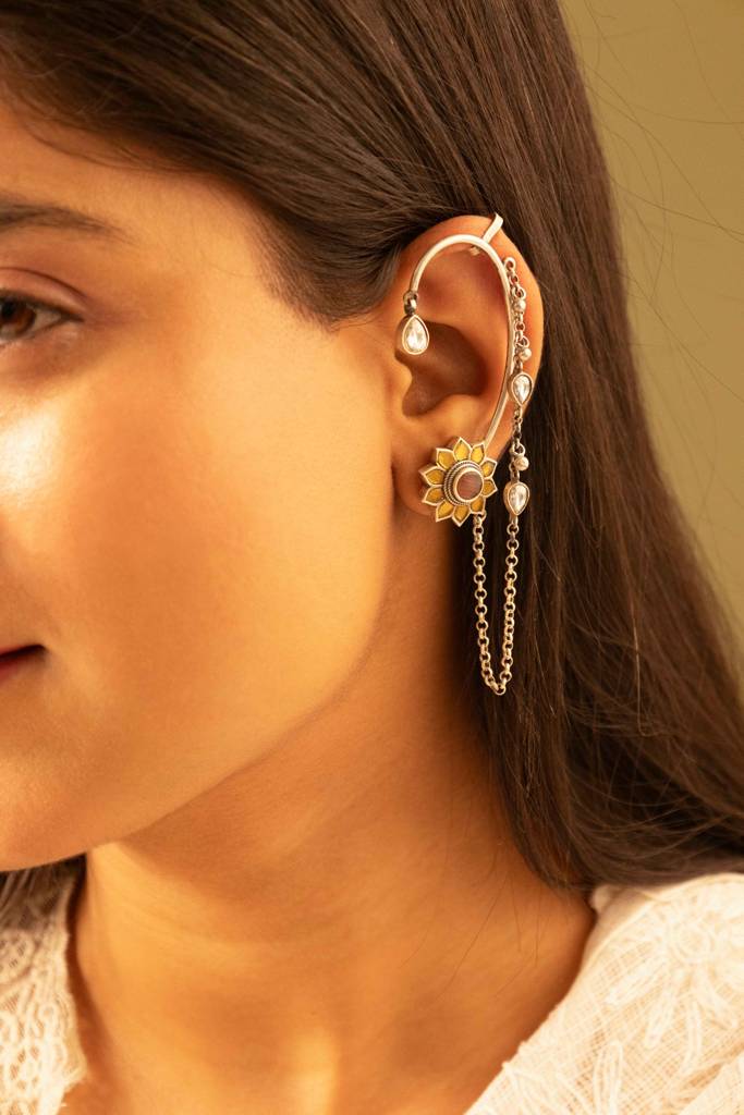 Adya Sunflower Motif Kundan Drop Earcuff : SE24425