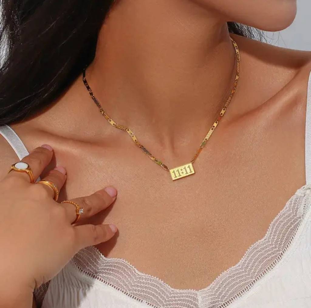 Angel Number Rectangle Pendent Gold Plated Necklace : TAA-9708559106326-NECKLACE