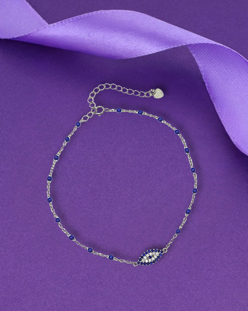 Minimalist 925 Silver Evil Eye Rhinestone Anklet With Adjustable Chain : AA212