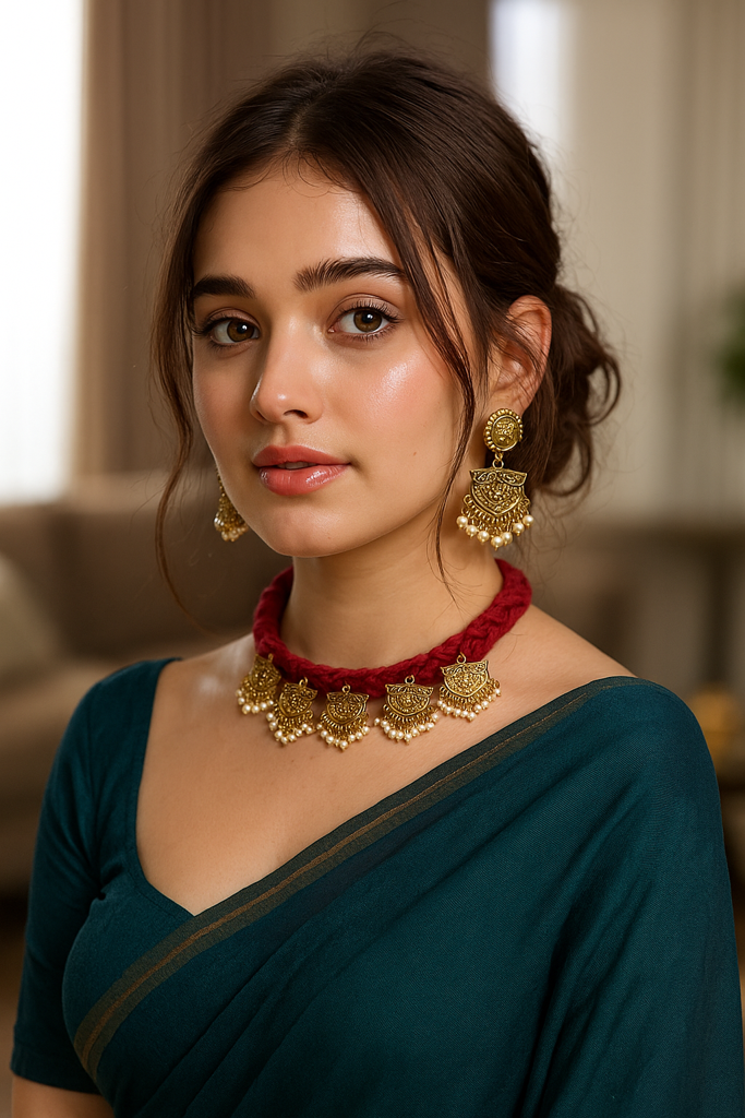 Antique Gold Finish Metal Charms Braided In Red Fabric Threads Handmade Necklace Set : ALT-Jew-Krishna-20