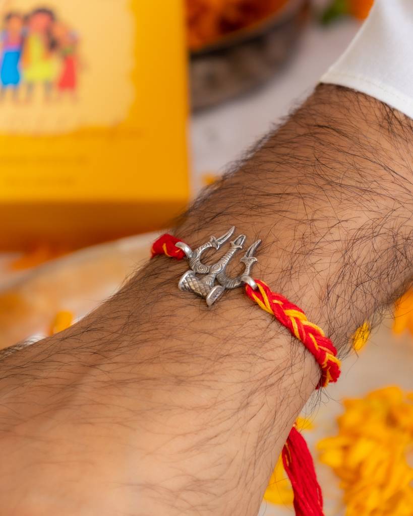 925 Sterling Silver Anvaya Shiva Trishul Moli Rakhi For Kids, Men, And Women : SRK62-C