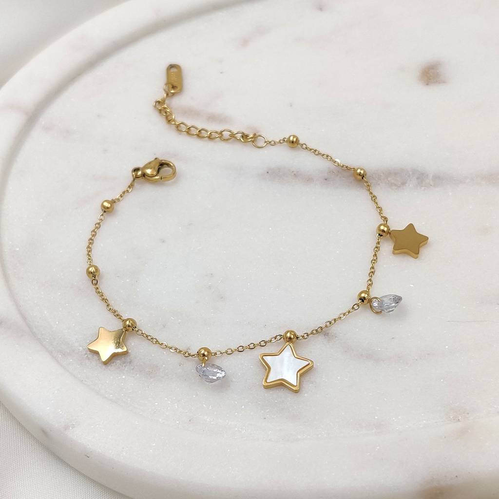 925 Silver Plated Star Beads Love Bracelet – Crystal Accents – Shiny Gift For Couple