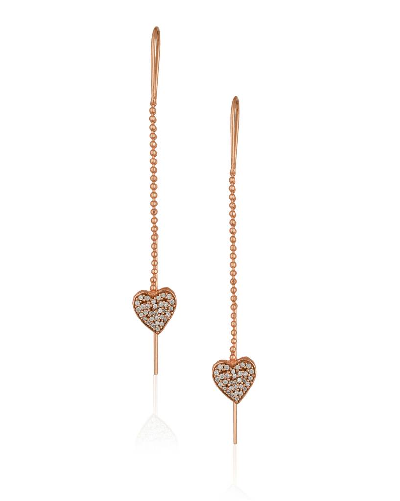 Rose Gold-Plated Cz-Studded Heart Shaped Drop Earrings : B118195E-1