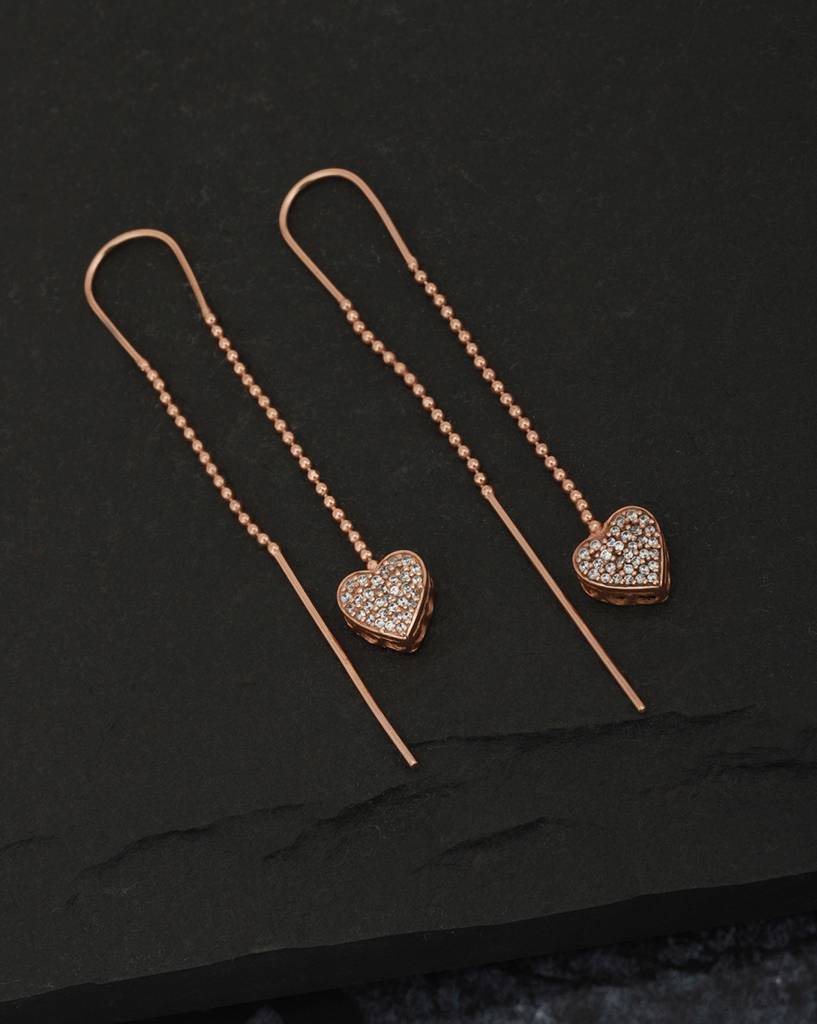 Rose Gold-Plated Cz-Studded Heart Shaped Drop Earrings : B118195E-1