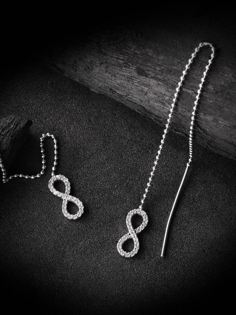 Silver-Toned Rhodium-Plated Cz-Studded Infinity Shaped Drop Earrings : B118200E-1