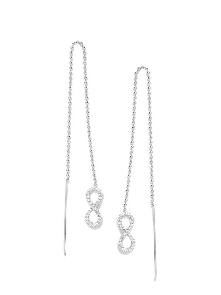 Silver-Toned Rhodium-Plated Cz-Studded Infinity Shaped Drop Earrings : B118200E-1