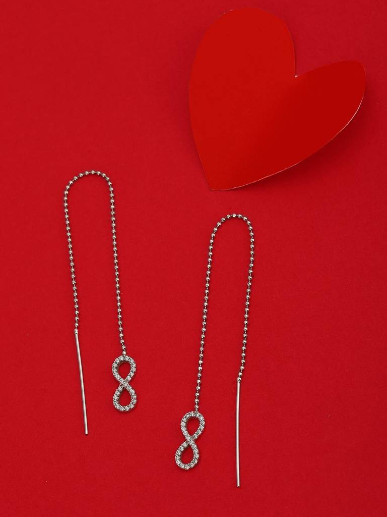 Silver-Toned Rhodium-Plated Cz-Studded Infinity Shaped Drop Earrings : B118200E-1