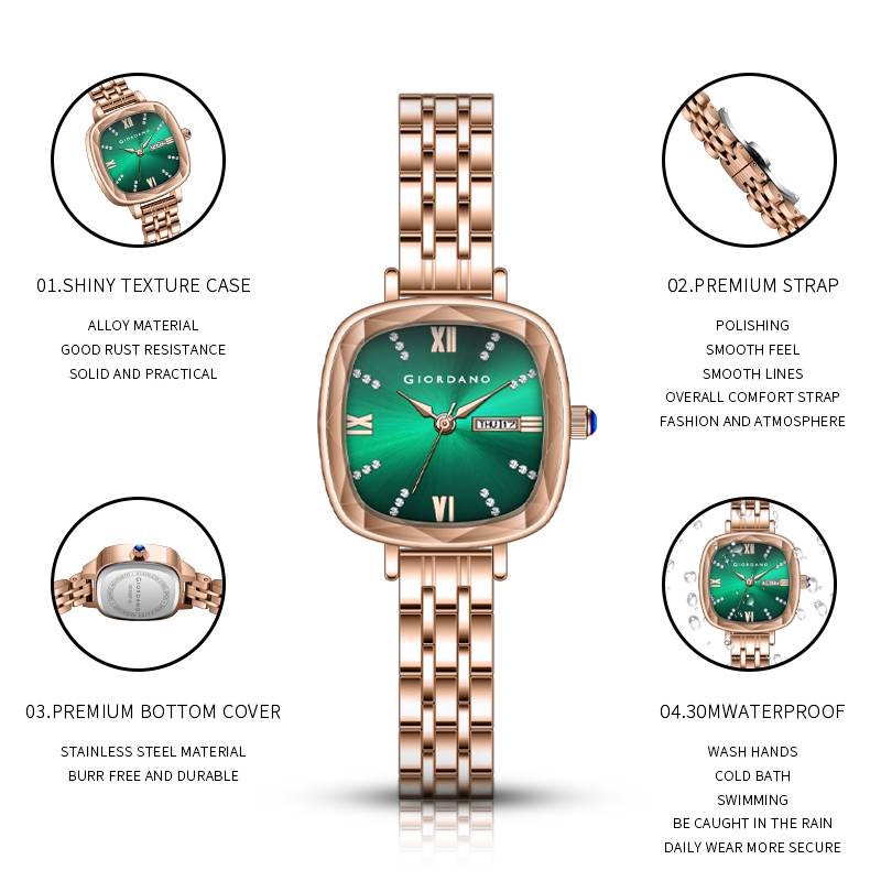 Giordano Elegant Square Rose Gold Watch For Women Â Crystal & Roman Hour Markers, Day-Date Display, Stainless  : GZ-60097-33