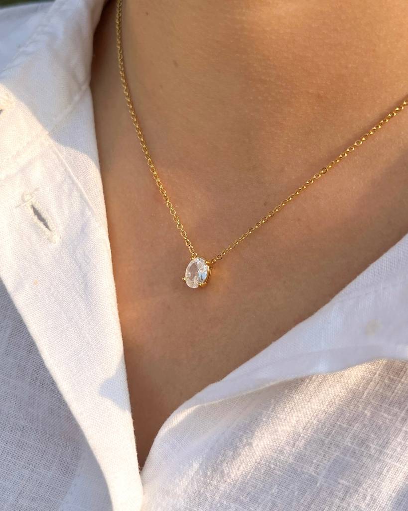 18K Gold Plated Oval Stone Necklace, Willow : N85A