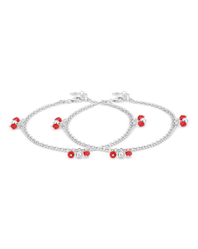 Carlton London Set Of 2 Silver-Toned & Red Rhodium-Plated Beaded Layered Anklets : B558027A