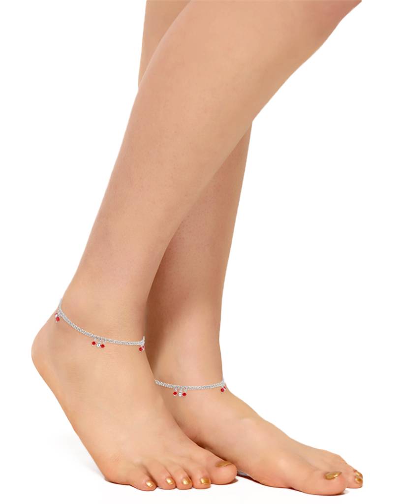 Carlton London Set Of 2 Silver-Toned & Red Rhodium-Plated Beaded Layered Anklets : B558027A