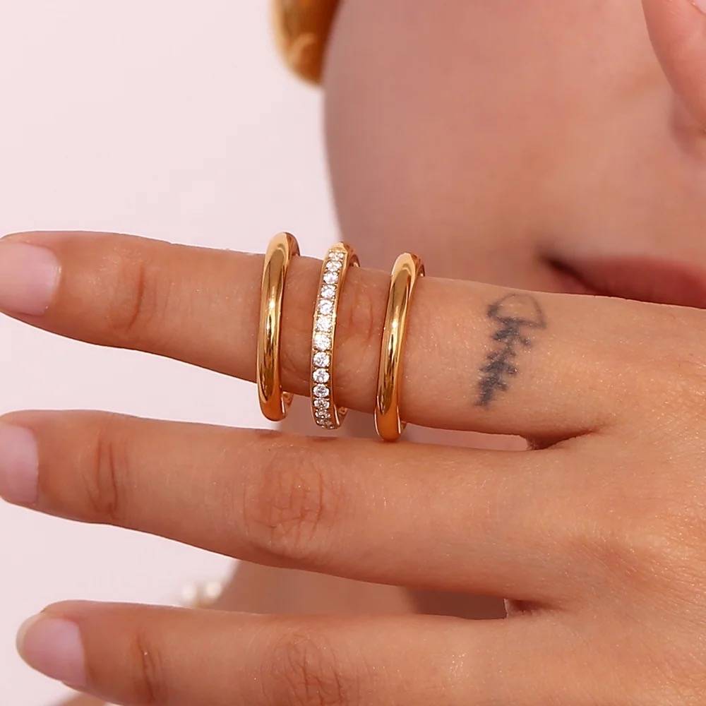 18Kt Gold Plated Set Of Stackable Rings, Plain And Zircon