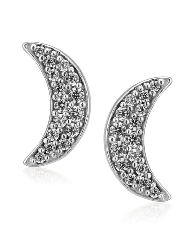 Silver-Toned Rhodium-Plated Cz Studded Crescent Shaped Studs : B582610E-1