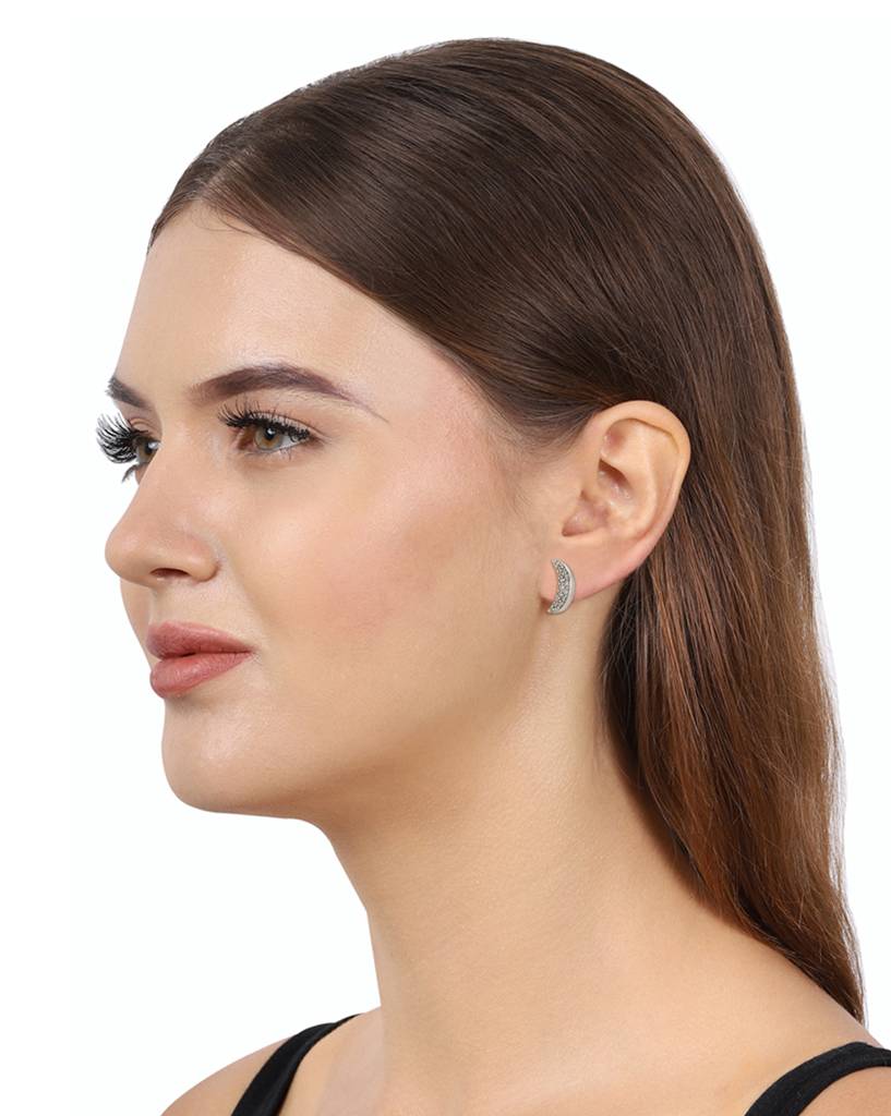 Silver-Toned Rhodium-Plated Cz Studded Crescent Shaped Studs : B582610E-1