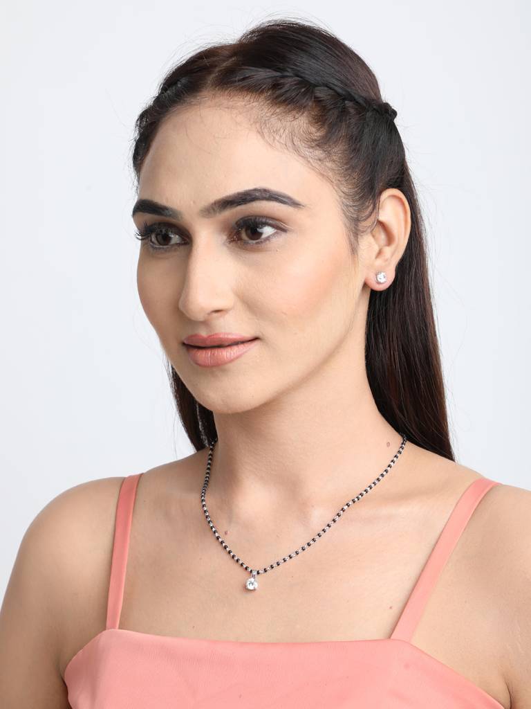 925 Sterling Silver Round Mangalsutra Tanmaniya Pendant Earring Jewellery Set With Chain Gift For Women And Girls : CSWZMP80ME51