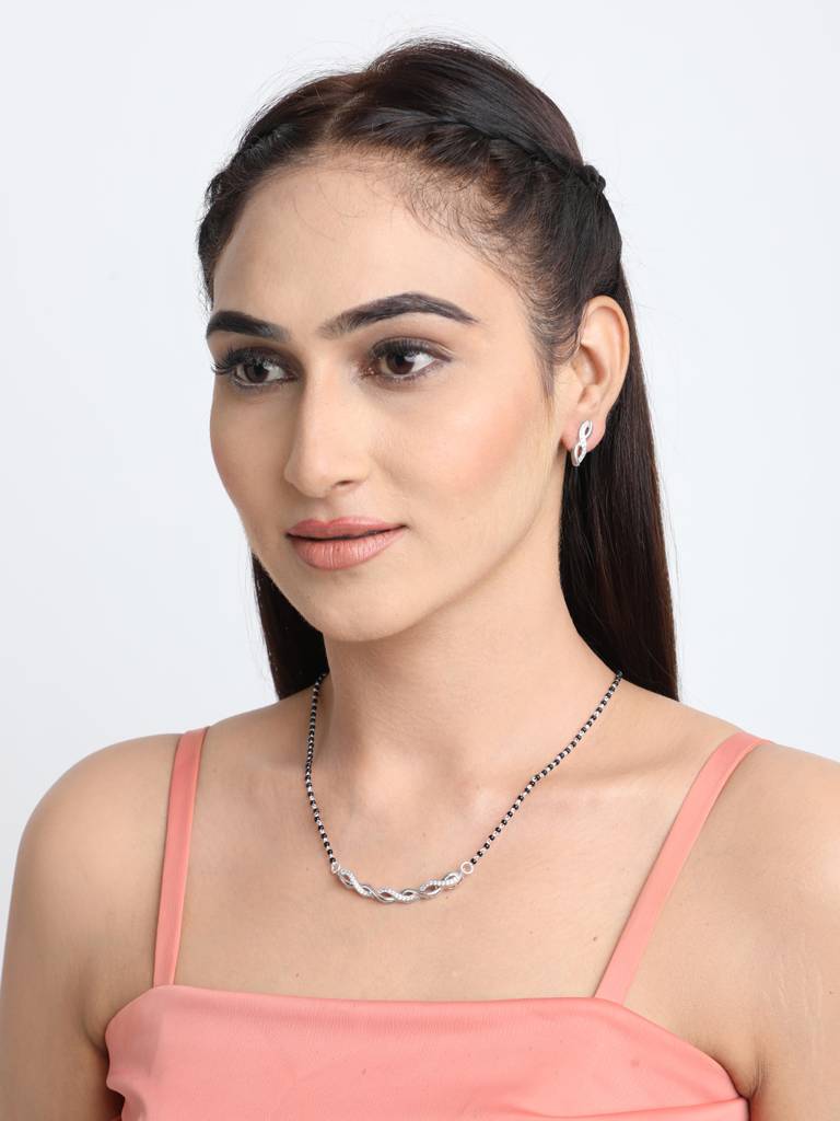 925 Sterling Silver Twist Mangalsutra Tanmaniya Pendant Earring Jewellery Set With Chain Gift For Women And Girls : CSWZMP77ME77