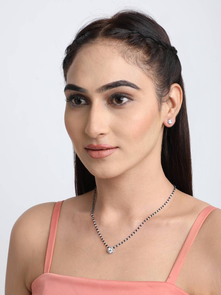 925 Sterling Silver Rope Mangalsutra Tanmaniya Pendant Earring Jewellery Set With Chain Gift For Women And Girls : CSWZMP68ME51