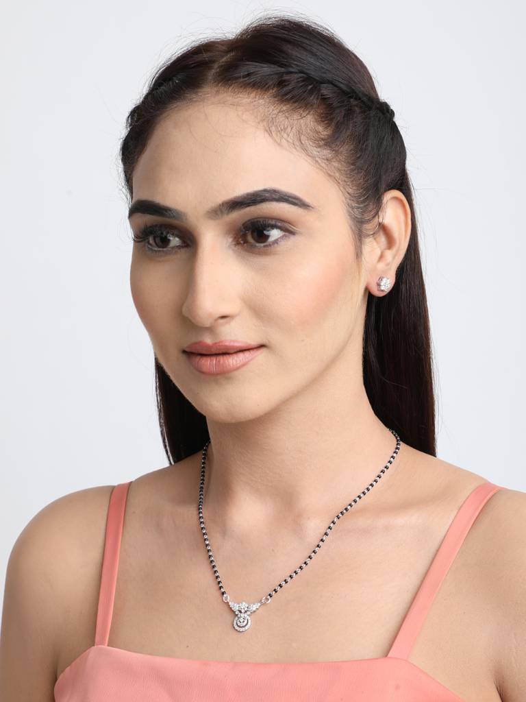 925 Sterling Silver Aria Mangalsutra Tanmaniya Pendant Earring Jewellery Set With Chain Gift For Women And Girls : CSWZMP63ME52
