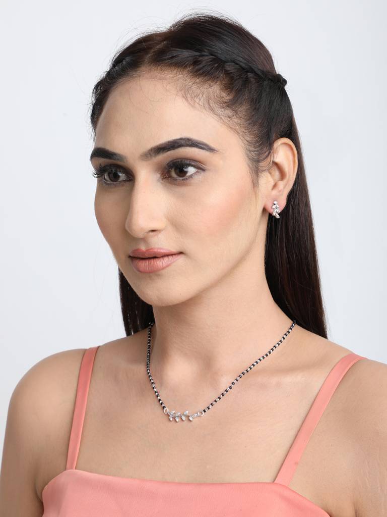 925 Sterling Silver Leaf Mangalsutra Tanmaniya Pendant Earring Jewellery Set With Chain Gift For Women And Girls : CSWZMP71ME71