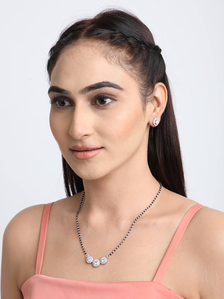 925 Sterling Silver Poppy Mangalsutra Tanmaniya Pendant Earring Jewellery Set With Chain Gift For Women And Girls : CSWZMP69ME61