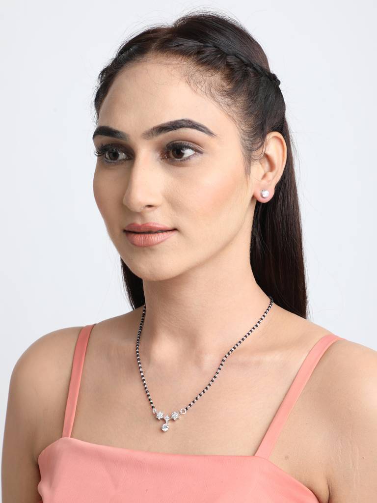 925 Sterling Silver Lily Mangalsutra Tanmaniya Pendant Earring Jewellery Set With Chain Gift For Women And Girls : CSWZMP62ME51