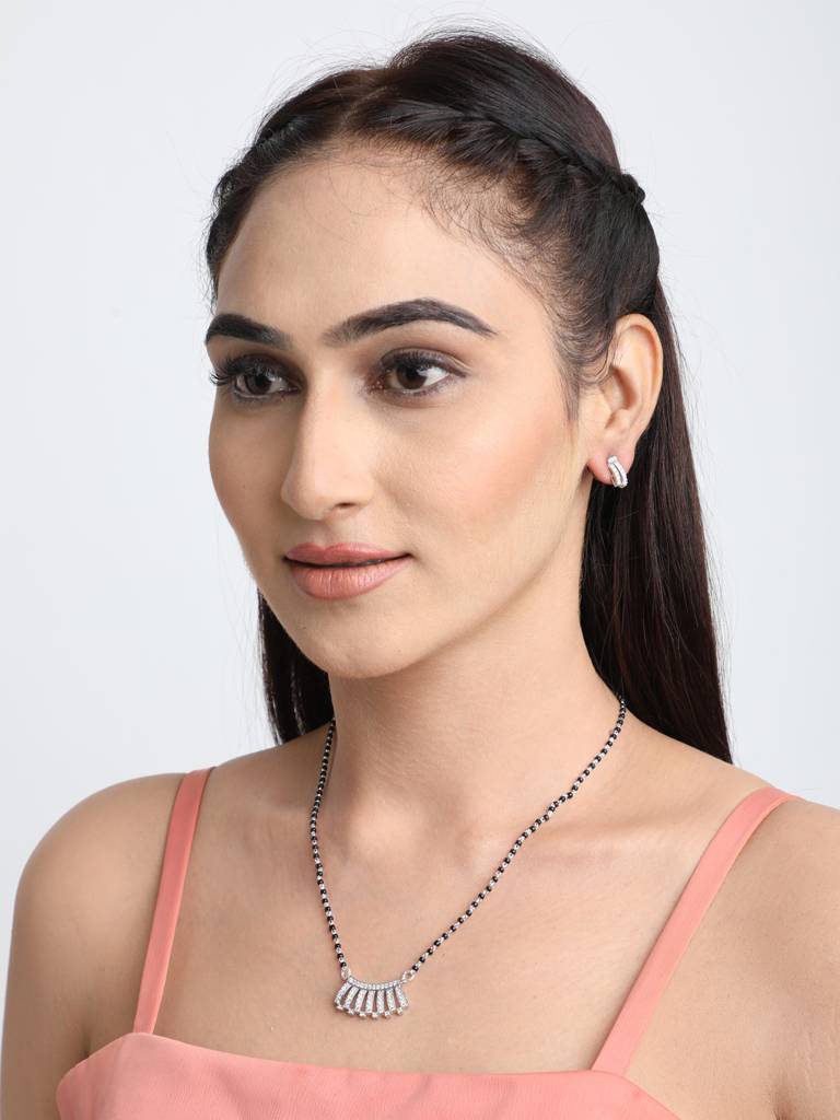 925 Sterling Silver Ayla Mangalsutra Tanmaniya Pendant Earring Jewellery Set With Chain Gift For Women And Girls : CSWZMP72ME72
