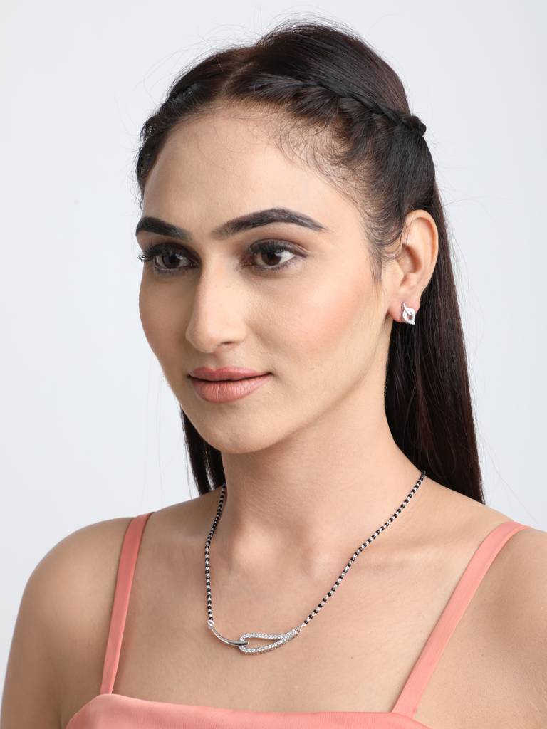 925 Sterling Silver Stella Mangalsutra Tanmaniya Pendant Earring Jewellery Set With Chain Gift For Women And Gi : CSWZMP59ME59