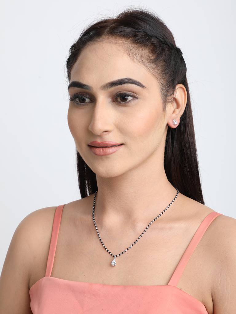 925 Sterling Silver Pear Mangalsutra Tanmaniya Pendant Earring Jewellery Set With Chain Gift For Women And Girls : CSWZMP79ME79