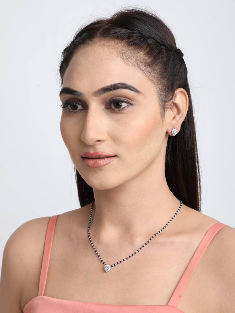 925 Sterling Silver Valentine Mangalsutra Tanmaniya Pendant Earring Jewellery Set With Chain Gift For Women And : CSWZMP66ME66