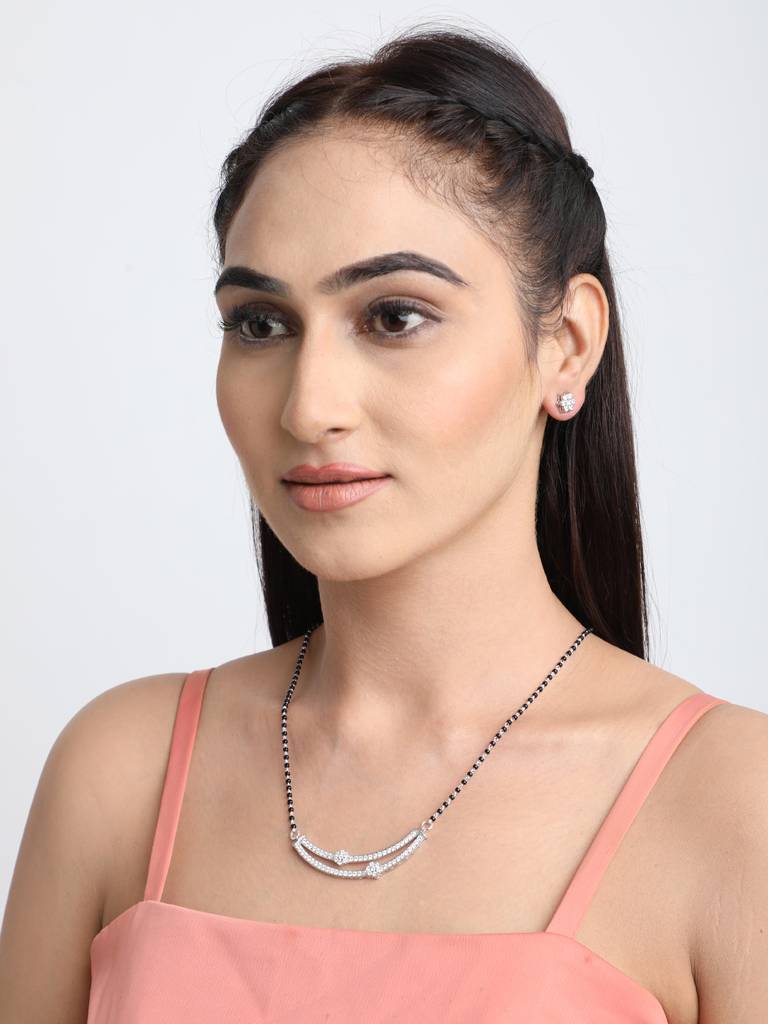 925 Sterling Silver Ava Mangalsutra Tanmaniya Pendant Earring Jewellery Set With Chain Gift For Women And Girls : CSWZMP56ME52