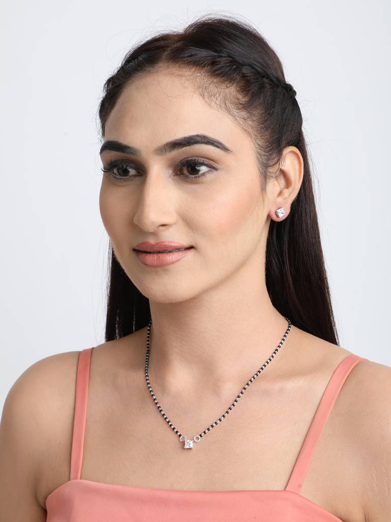 925 Sterling Silver Square Mangalsutra Tanmaniya Pendant Earring Jewellery Set With Chain Gift For Women And Gi : CSWZMP78ME78