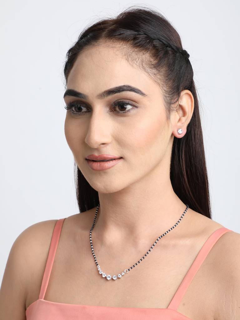 925 Sterling Silver 7 Stone Mangalsutra Tanmaniya Pendant Earring Jewellery Set With Chain Gift For Women And G : CSWZMP53ME51