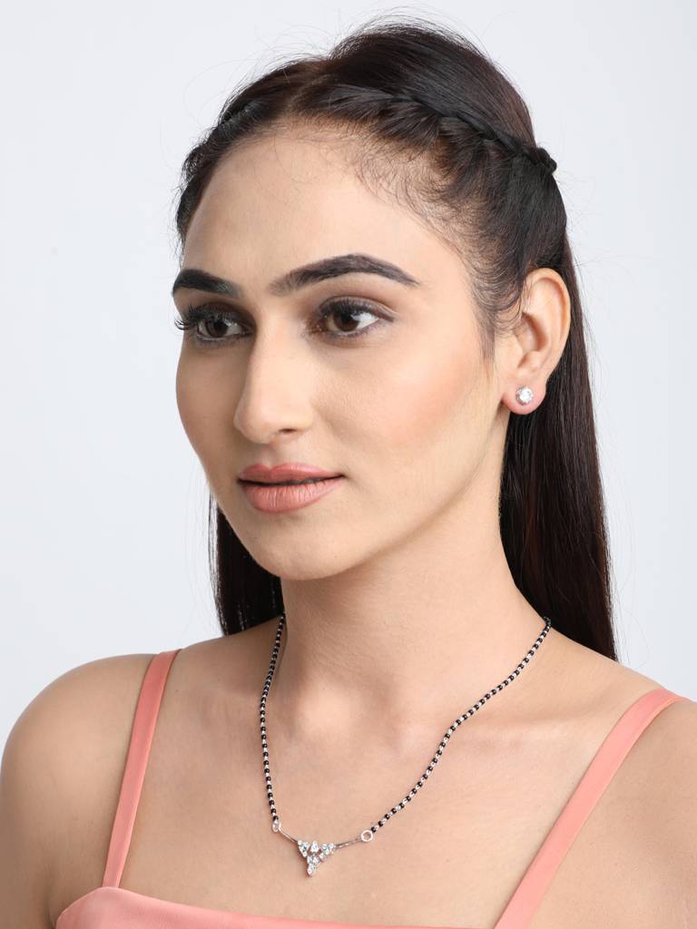 925 Sterling Silver Alice Mangalsutra Tanmaniya Pendant Earring Jewellery Set With Chain Gift For Women And Girls : CSWZMP65ME51